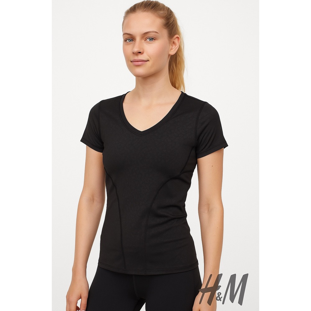 H&M Sport Black Fitted‎ V Neck Short Sleeve Athletic Top Activewear Size XS